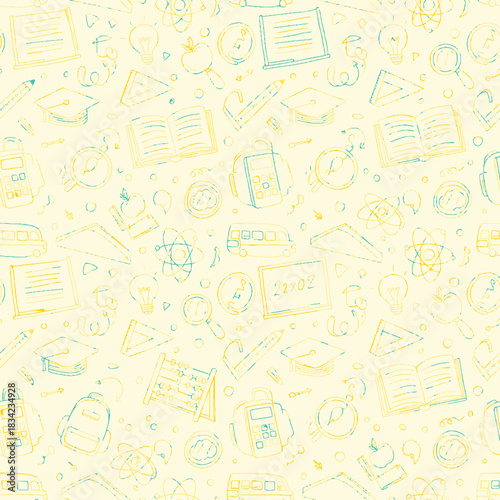 Pastel Hand-Drawn School Seamless Pattern – Books, Supplies, Bus & Education Doodle Icons