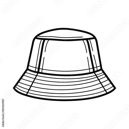 Simple hand drawn illustration of a classic bucket hat in black and white outline style