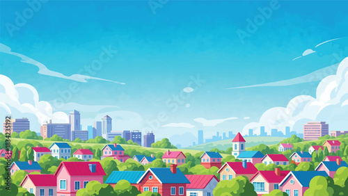 Bright and cheerful cartoon cityscape illustration featuring colorful houses and buildings