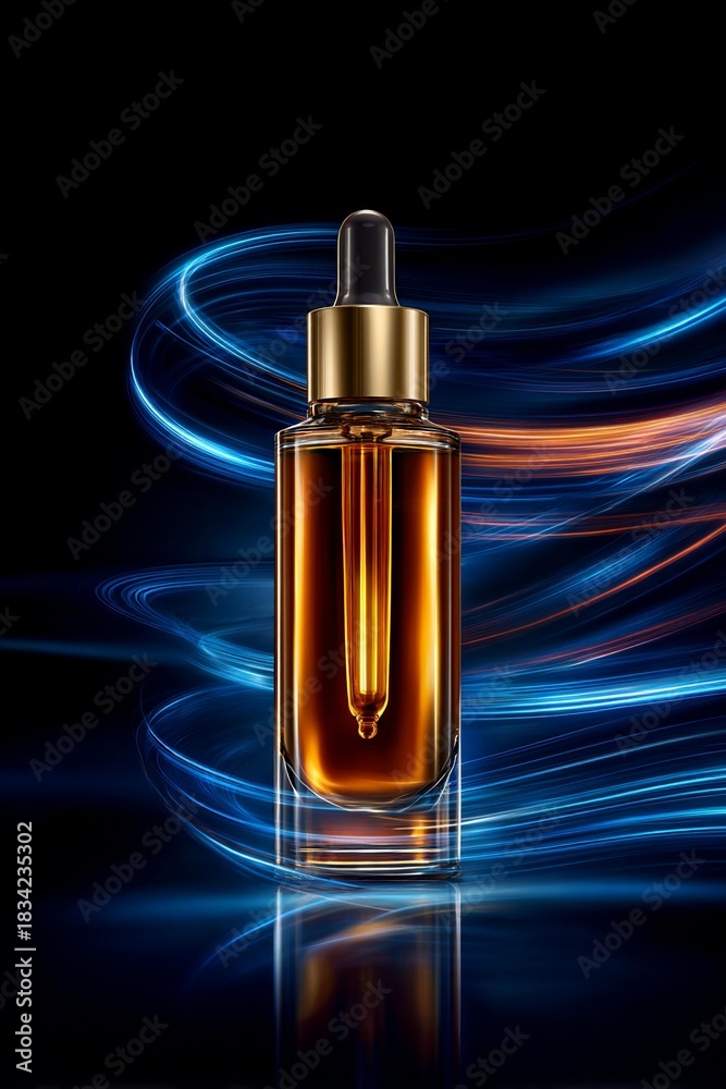 Naklejka premium Aesthetic small brown glass bottle with cosmetic product on an abstract background shot with long exposure