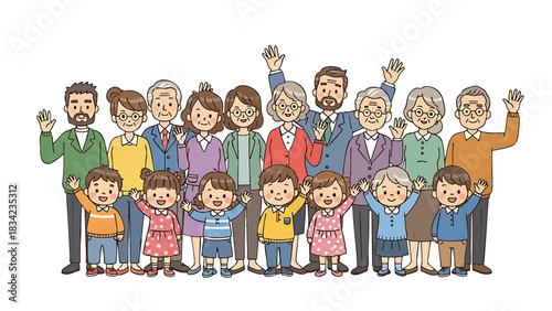 Cartoon illustration showing diverse multigenerational family waving cheerfully together on white background