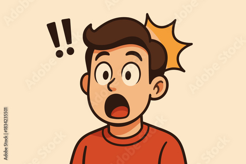 Surprised boy with wide eyes and open mouth. The symbols around his head emphasize sudden emotion. Clean lines and warm tones make the scene expressive