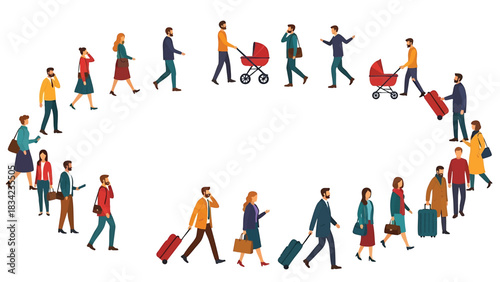 Crowd of diverse people walking in a circleshaped group isolated on transparent background