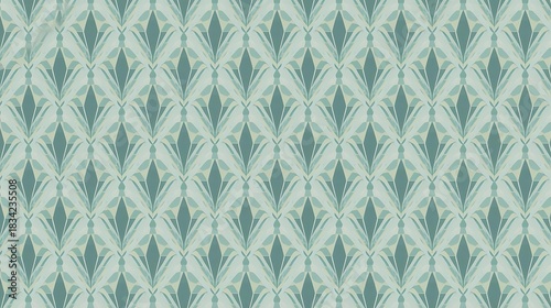 A seamless Art Deco-inspired geometric pattern with stylized leaf motifs in muted shades of teal green.