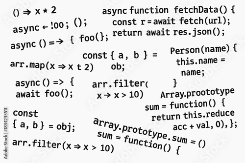 a large collage of our programming codes, absolutely randomly placed, black text on a white background
