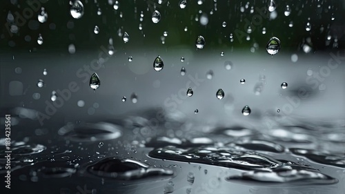 Macro view of glistening raindrops suspended in mid-air and softly scattering across a dark, reflective surface, forming intricate patterns and delicate reflections
