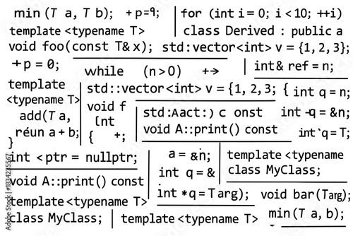 a large collage of our programming codes, absolutely chaotic, black text on a white background