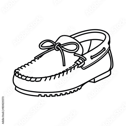 Simple line drawing of a classic moccasin shoe with laces and stitching detail