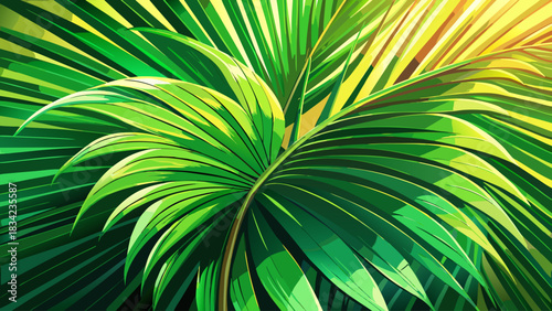 Sunlit tropical palm leaf with bold green shades and detailed textures, softly glowing under natural light. Perfect for botanical backgrounds, summer aesthetics, and organic design concepts