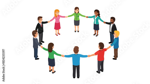 Diverse business team people holding hands in a circle isometric illustration