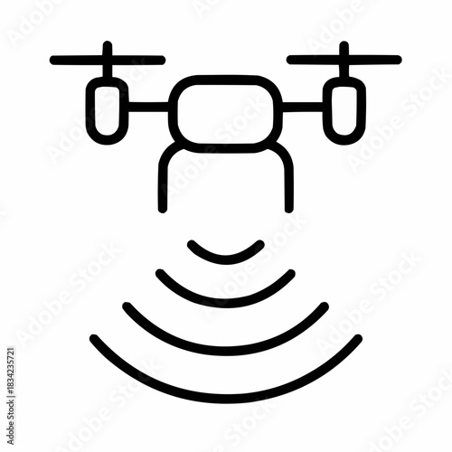 Line icon of a drone with signal waves, black on white, square minimalist style