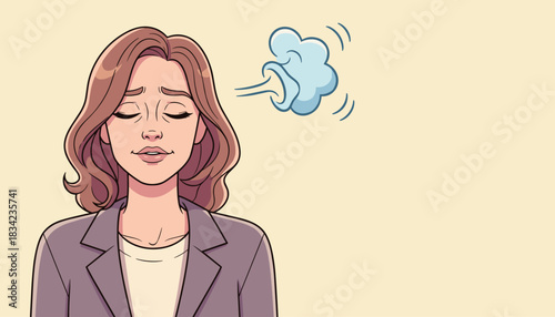 Woman exhaling softly with closed eyes. Her calm expression shows a sense of relief. Light tones underline the peaceful moment