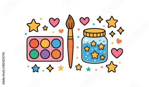 Baby kids party flat vector illustration collection of cute party icons face paint set glitter jar brush stickers hearts arranged horizontal composition handdrawn outlines bright color