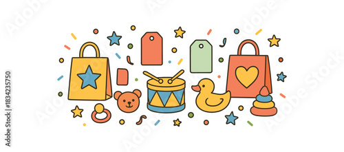 Baby kids party flat vector illustration collection of cute party icons goodie bags tags (blank) toys confetti stars arranged horizontal composition handdrawn outlines bright color palette