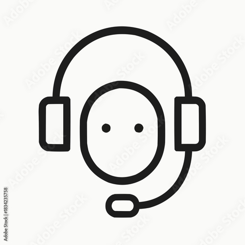 Line icon of headphones with assistant icon, black on white, square minimalist style