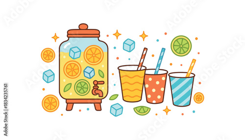 Baby kids party flat vector illustration collection of cute party icons lemonade dispenser cups citrus slices ice cubes sparkles arranged horizontal composition handdrawn outlines bright