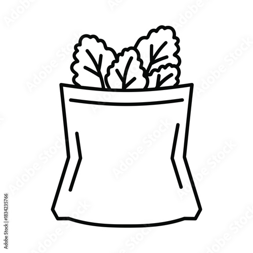 Simple line art illustration of a bag filled with fresh green lettuce leaves