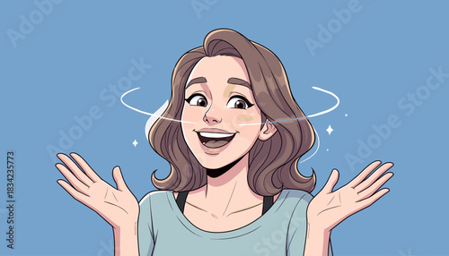 Excited boy smiling brightly with raised eyebrows. His energized expression shows enthusiasm. Yellow background increases the lively mood