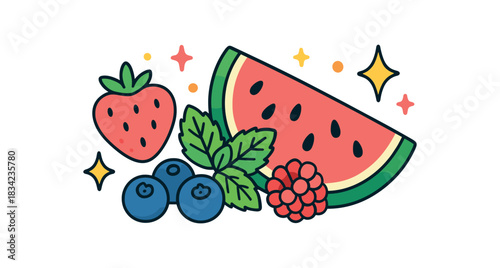 Baby kids party flat vector illustration collection of cute party icons fruit platter: watermelon slice berries mint sparkles arranged horizontal composition handdrawn outlines bright color