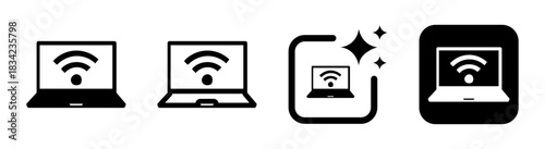 Laptop with connectivity icon showing wireless wifi data link in a clean black transparent vector illustration
