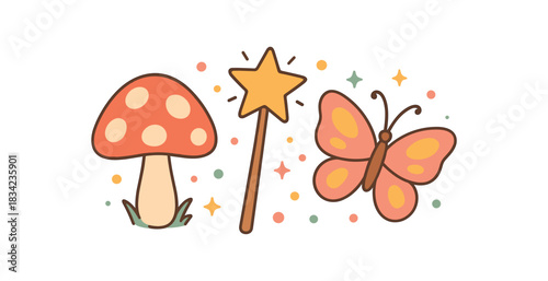 Baby kids party flat vector illustration collection of cute party icons fairy garden: mushroom wand butterfly spark dots arranged horizontal composition handdrawn outlines bright color
