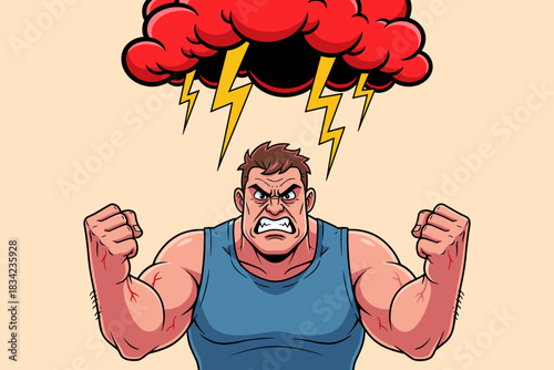 Angry muscular man clenching his fists under a storm cloud. His fierce expression shows intense rage. Bright lightning emphasizes the explosive mood