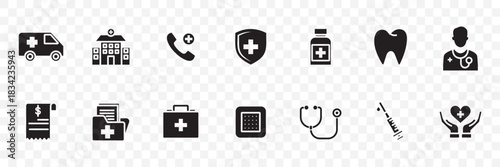 “Medical & Healthcare Icon Set with Hospital, Report, Doctor, Dental, Syringe, Medicine Bottle, Shield, Location Marker, Stethoscope, First Aid Kit, Bandage, Ambulance, Clipboard and Healing Hands”