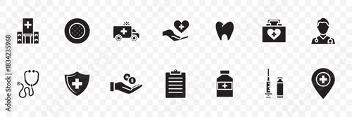 “Medical & Healthcare Icon Set with Hospital, Report, Doctor, Dental, Syringe, Medicine Bottle, Shield, Location Marker, Stethoscope, First Aid Kit, Bandage, Ambulance, Clipboard and Healing Hands”