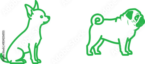 Chihuahua and Pug Outlines on White Background in Green Hues Pet Animal Vector Illustration Dog Breeds Sketch Design Cute Minimalist Line Art Isolated Puppy Canine Breed Companion