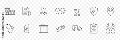 Healthcare related line icon set.  Medicine and Health Care symbols.  Hospital Building, Doctor, Medical Hands, Ambulance, Shield, Clipboard, First Aid Box and Heart Monitor, Editable Stroke.