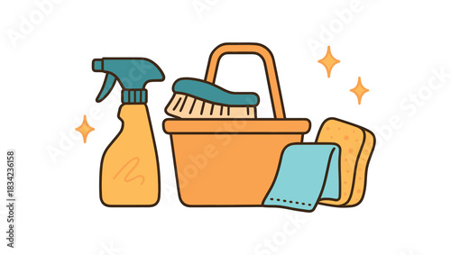 Home decor flat vector illustration collection of cute interior icons cleaning caddy: spray bottle brush sponge cloth sparkles arranged horizontal composition handdrawn outlines bright