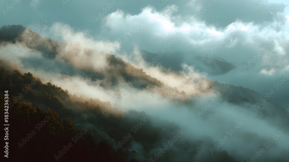 Obraz premium Sunlight pierces through thick fog illuminating misty mountain slopes and evergreen forests at dawn
