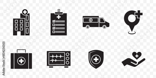 Healthcare web icons set in liner style. Doctor, nurse, hospital, diagnostic, medical record, medication pills, lungs, other outline stroke pictograms. Vector illustration.