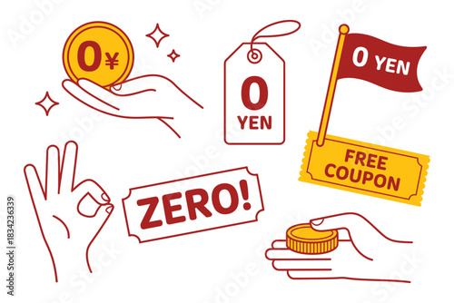 Promotional elements like zero yen coin, free coupon, and okay hand gesture signify a special offer.