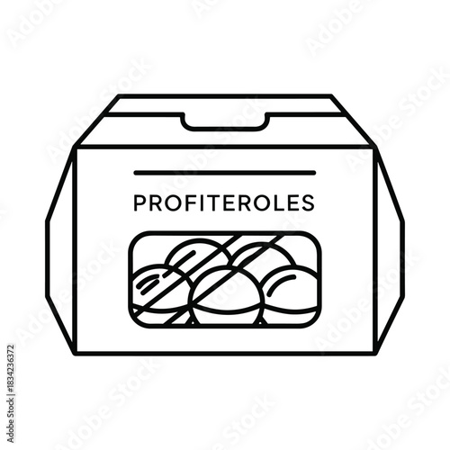 Line art illustration of a box of profiteroles with a clear window showing the pastries inside