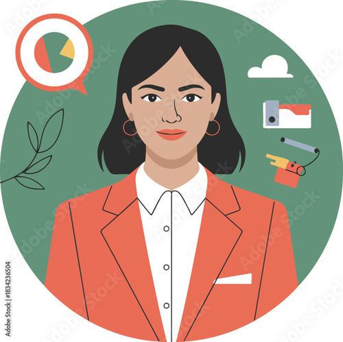Businesswoman vector illustration with a confident professional in a coral blazer surrounded by work-related icons.