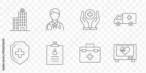 Healthcare Medical Line Icons Set with Editable Stroke for Hospital, Doctor, Medicine, and Health Management