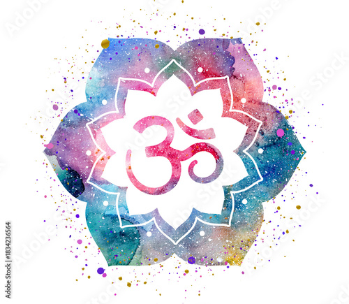Om symbol painted inside a flower frame or mandala, watercolor texture, splashes of paint, colorful bright illustration. Can be used for prints, printing design, home decor design and more.