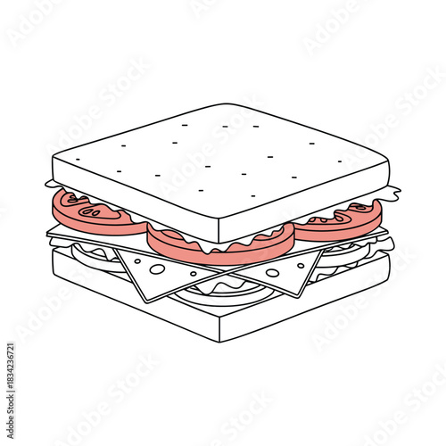 Hand drawn illustration of a classic sandwich with layers of ingredients on white background