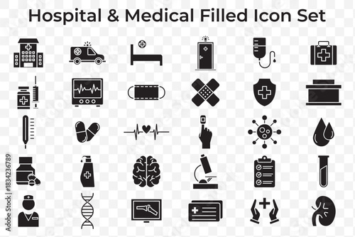 A clean and professional set of hospital and medical vector icons including doctor, nurse, ambulance, stethoscope, pills, patient, and more. Perfect for use in healthcare apps, medical websites