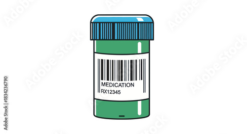 Green medication bottle with blue cap and barcode label prescription container.