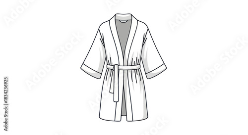 A simple black and white line drawing of a short bathrobe with a tie belt and wide sleeves.