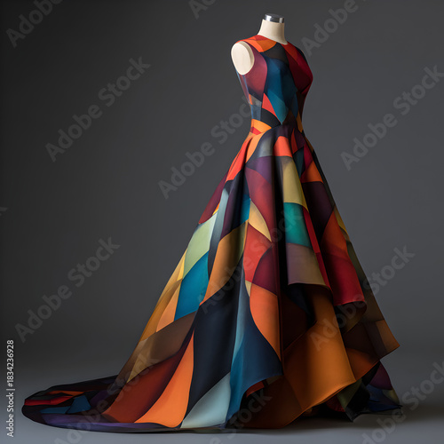 Colorful geometric print ball gown dress on mannequin studio shot