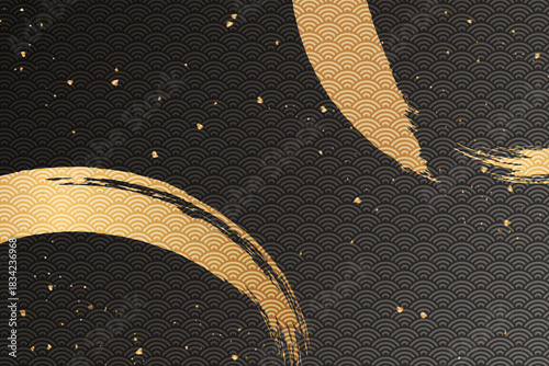 黒と金の青海波模様に金の筆跡が描かれた和風高級背景デザイン｜金色 筆跡 青海波 和風 和柄 装飾