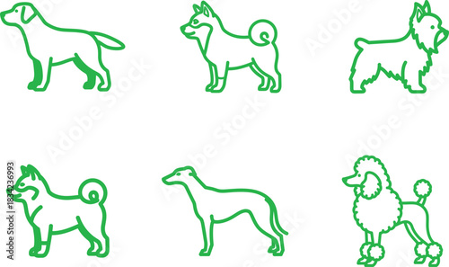 Collection of green dog breed line art illustrations on a white background showcasing various canine silhouettes for animal lovers pet enthusiasts and graphic designers