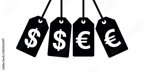 Currency exchange price tags with dollar and euro symbols