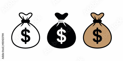 Three stylized money bags with dollar signs in different artistic styles