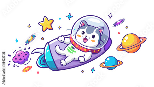 A cute cartoon astronaut cat drifting through outer space, colorful planets around, glowing stars, floating milk-bottle spaceship, cosmic sparkles, joyful intergalactic adventure
