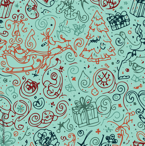 Vector Christmas Doodle Seamless Pattern – Santa, Reindeer, Snowflakes, Gifts & Holiday Decorations