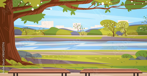 Springtime Park with Trees, Water and Benches. Fresh and Peaceful Spring Atmosphere Area